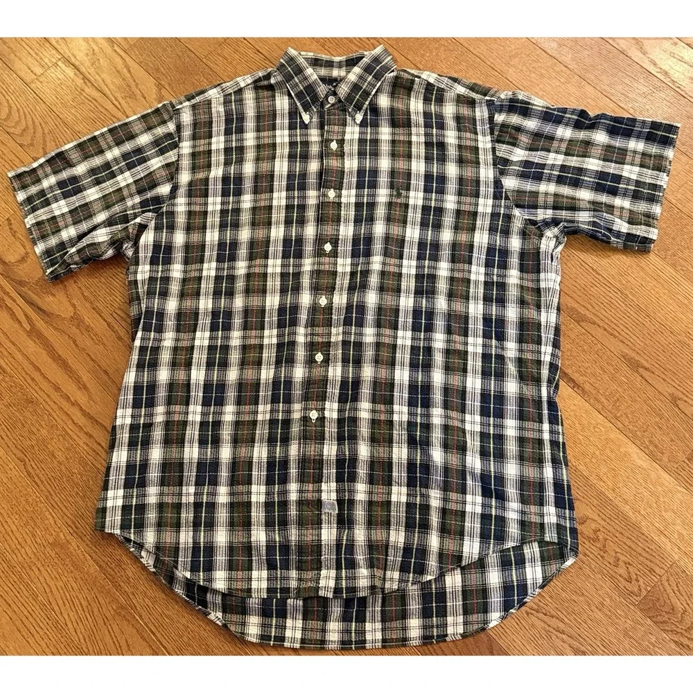 Polo Ralph Lauren Mens Seersucker Shirt Blue Green Yellow Plaid Size X-Large